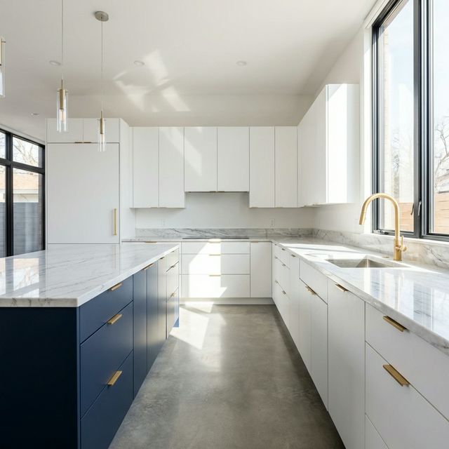 Spotless modern kitchen with navy island and gold accents