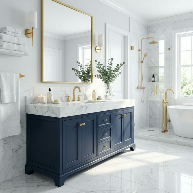 Luxury bathroom with marble and gold fixtures