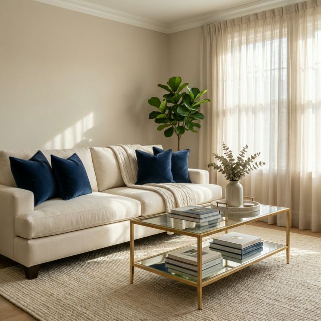 Elegant living room with navy and gold decor