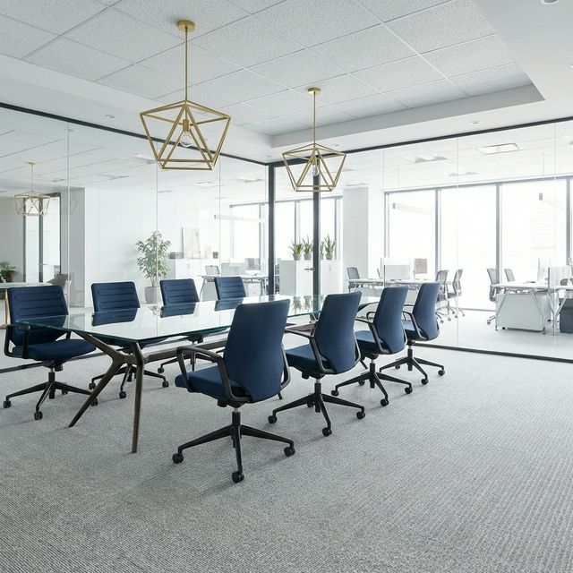 Professional office space with glass table and navy chairs
