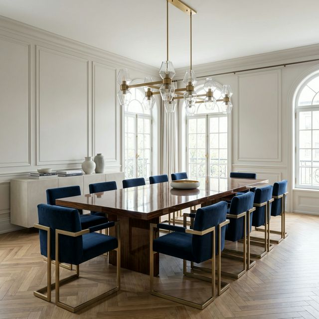 Formal dining room with polished table and gold chandelier
